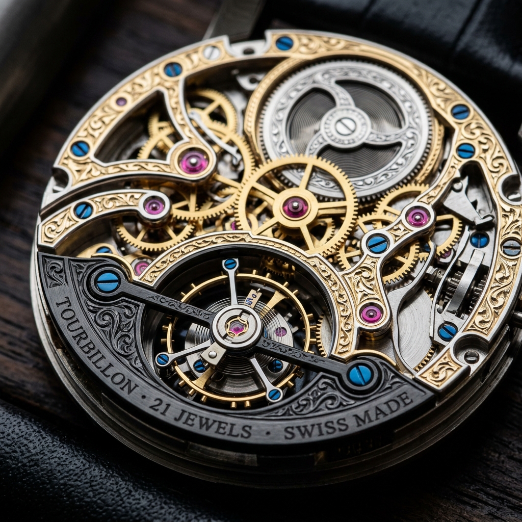 Engraved mechanical watch movement with gears and ruby bearings